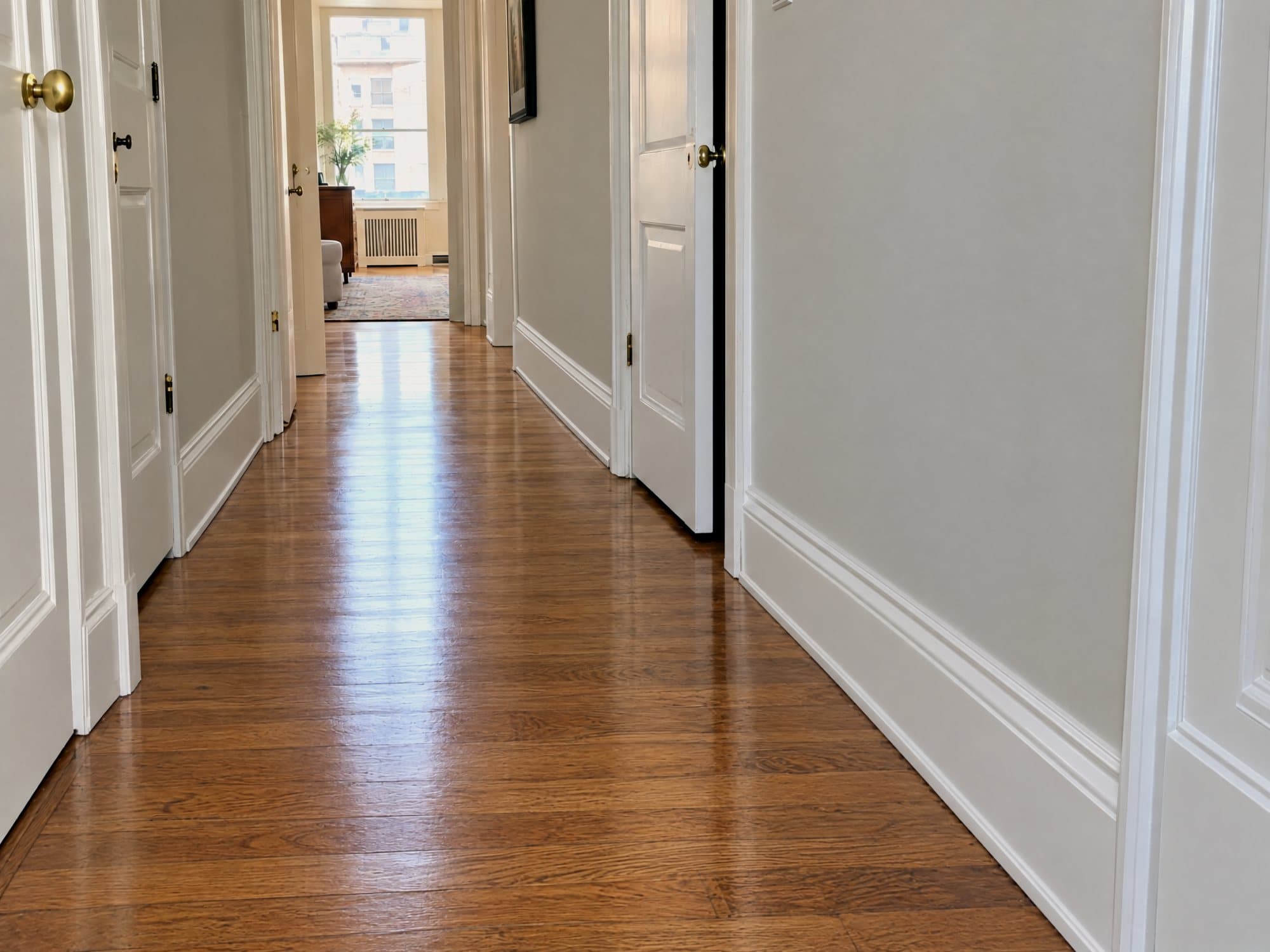 The same hallway restored: flat refinished hardwood, new baseboards, repainted walls